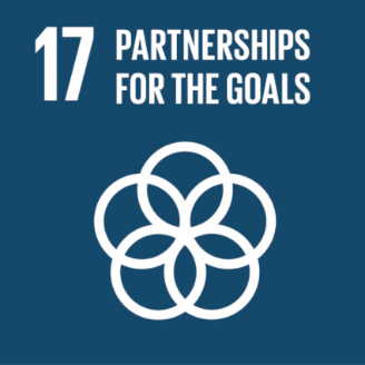 This is an image of #17 of The United Nations  Sustainable Development Goals - Partnerships for the Goals The image is of five white rings intersecting one another. The image is on a dark blue background.