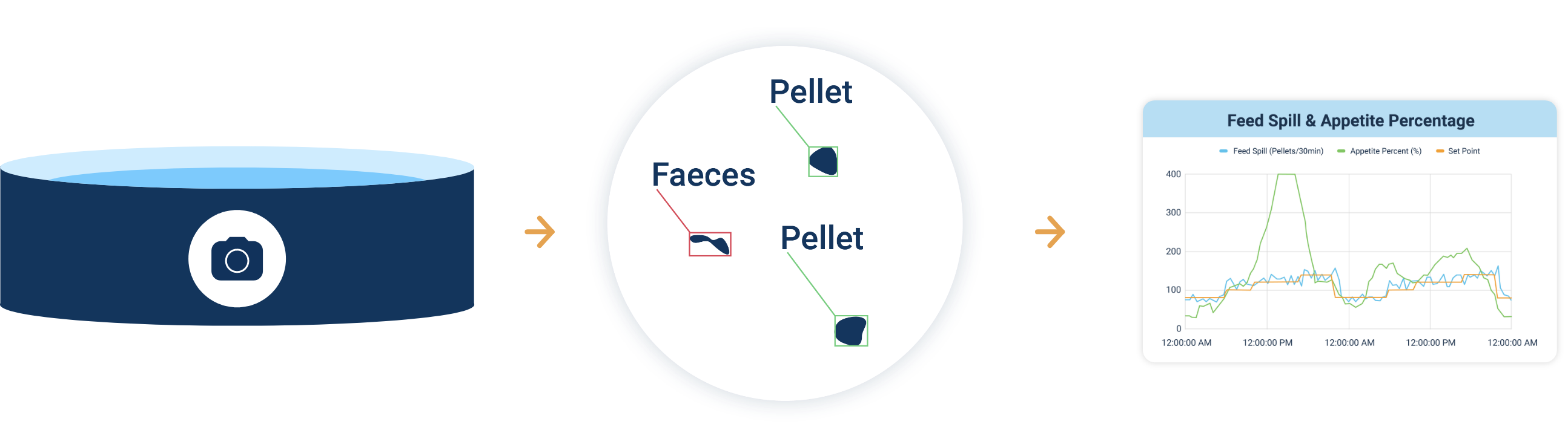 This is iconography that shows a tank with a camera system, a magnified view into pellet and feces counting and a graphic of a browser window that showcases the relation of time to feed spill, appetite percentage and set points on a graph.